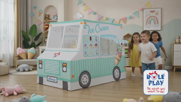 video of Ice cream and cup cake play tent with children playing around it and serving pretend play ice cream